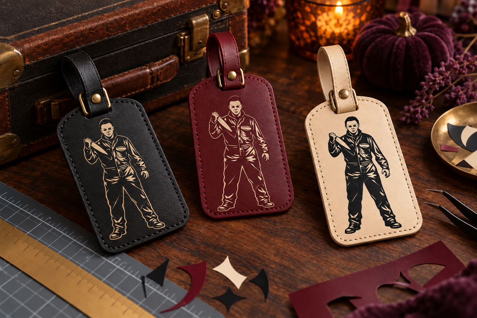 Three finished faux-leather luggage tags decorated with the featured KleanKutChaos masked-villain cut-file artwork beside a vintage suitcase