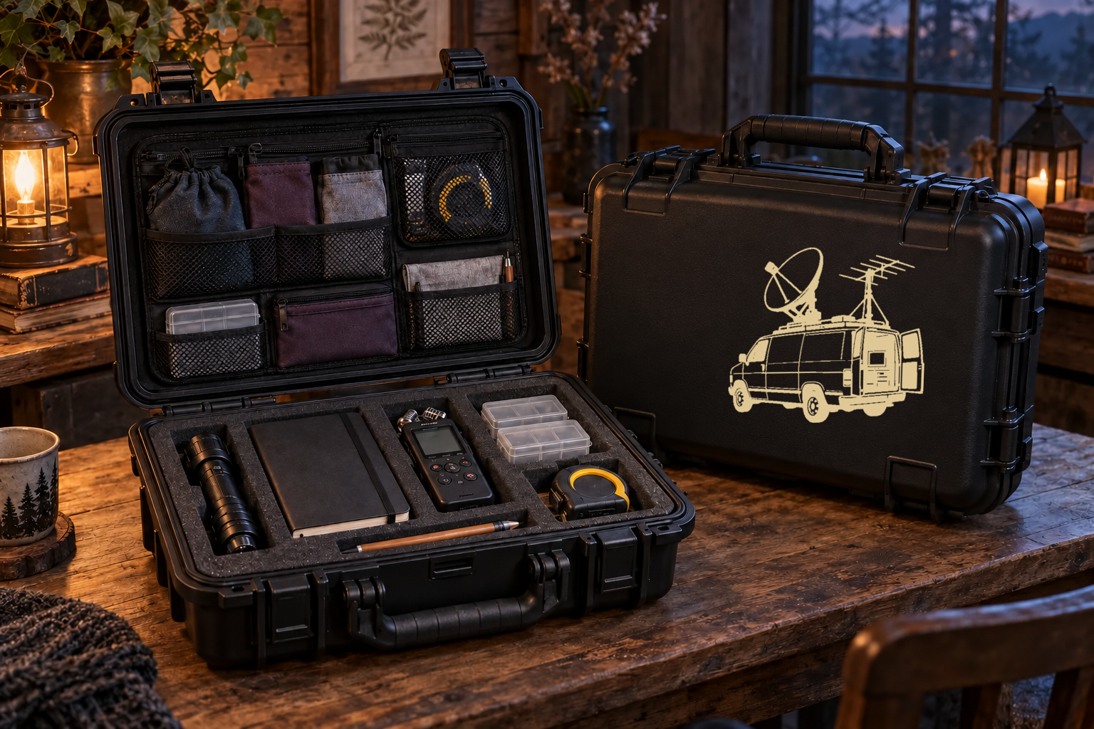 Open paranormal-investigation equipment case beside a closed case decorated with the original KleanKutChaos satellite-surveillance van artwork