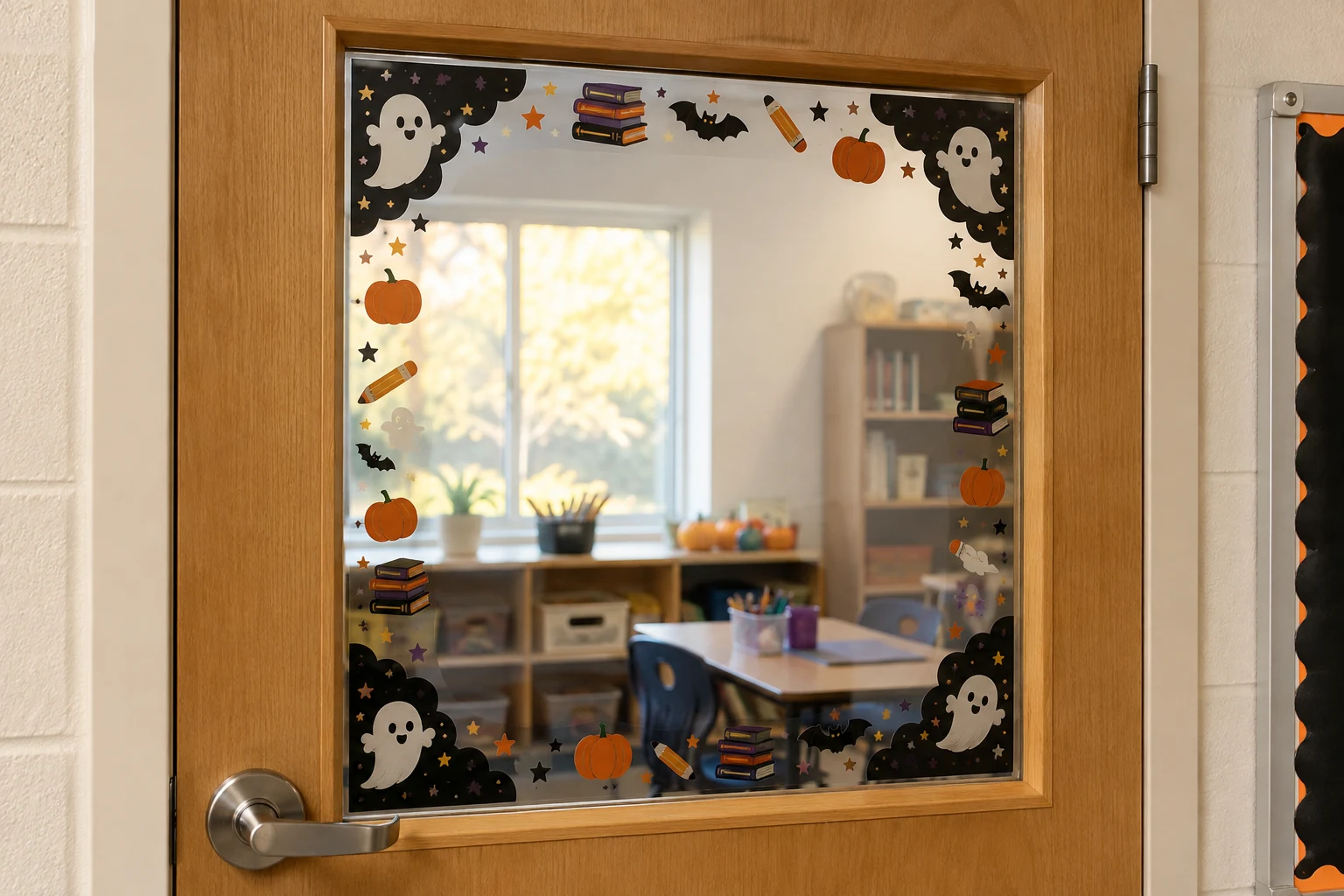 Finished classroom door window with a removable black, orange, cream, and plum Halloween static-cling border while the center glass remains clear