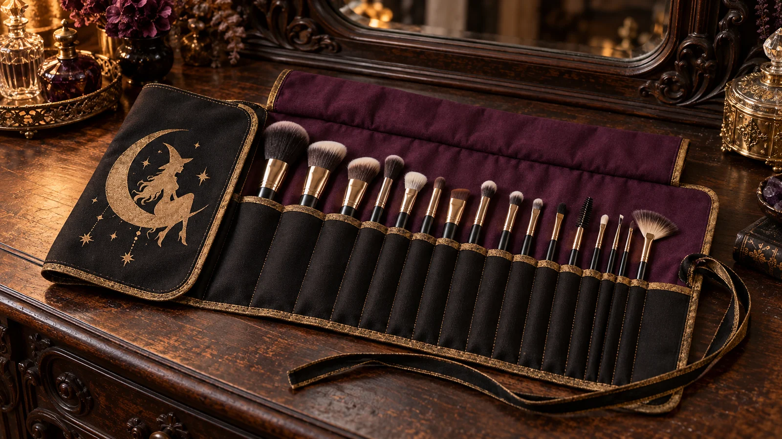 Open handmade black and plum makeup brush roll with antique-gold binding, individual brush pockets, a protective flap, and a generic retro witch silhouette on a gothic vanity