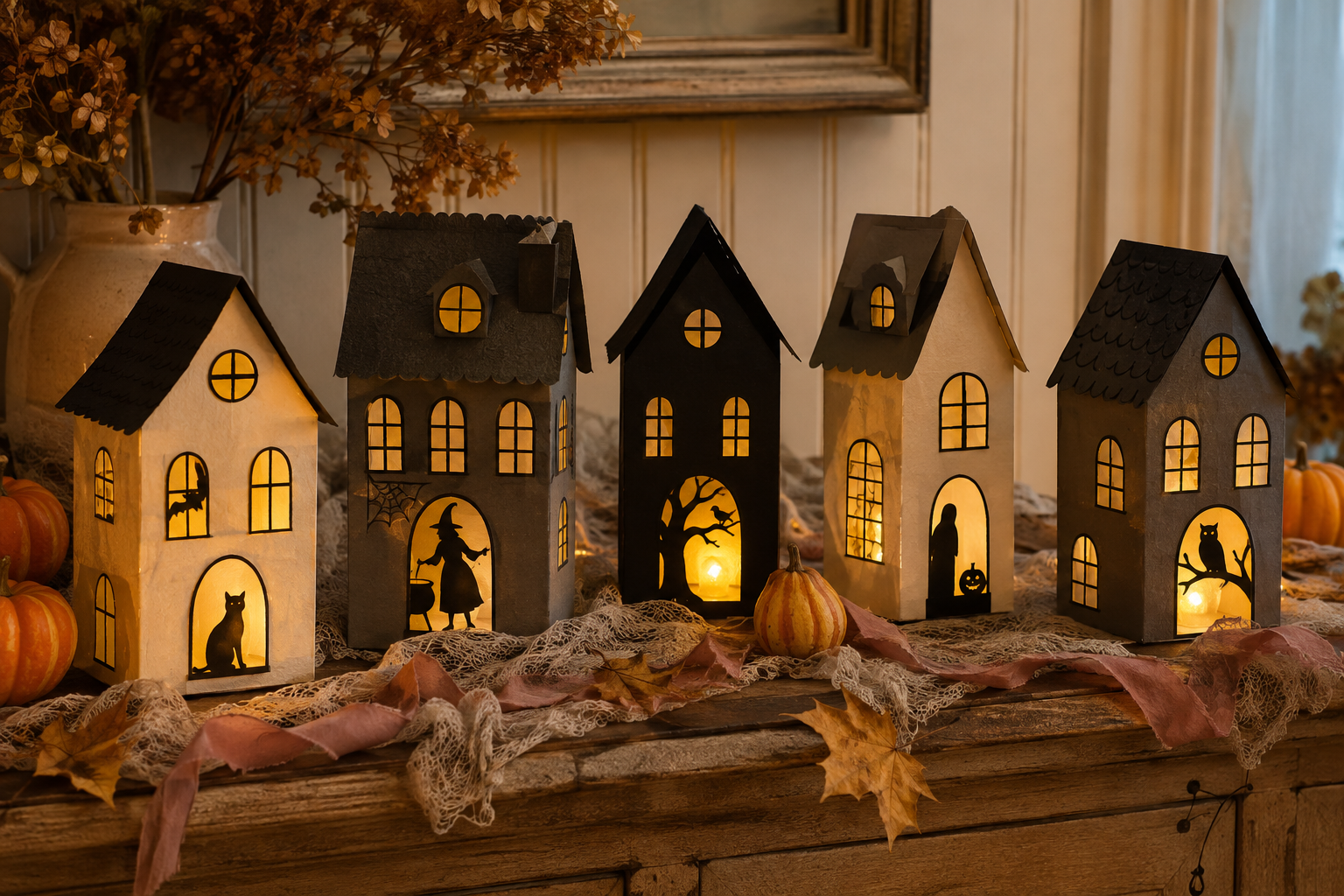 Finished handmade Halloween luminary village with five glowing cardstock houses, spooky silhouettes, pumpkins, and ribbon