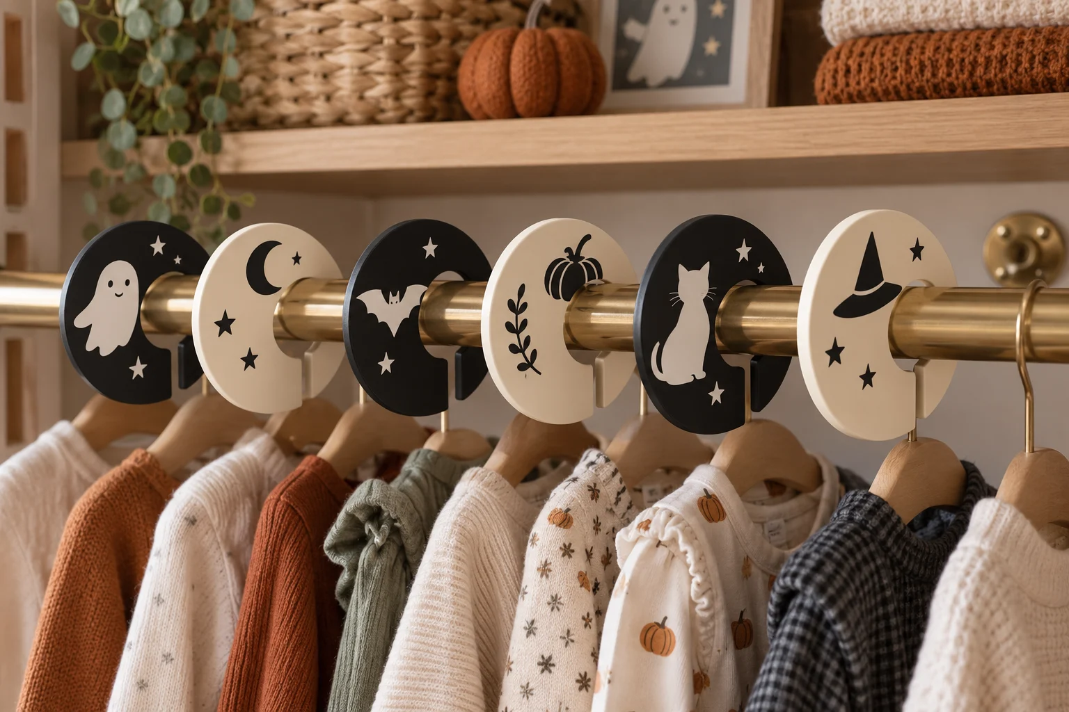 Six finished black and cream baby closet dividers decorated with friendly ghost, moon, bat, pumpkin, cat, and witch-hat vinyl silhouettes on a brass closet rod