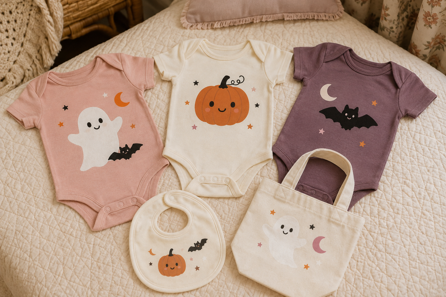 Finished first-Halloween set with three decorated baby bodysuits, a bib, and a tiny treat tote arranged on a cream quilt