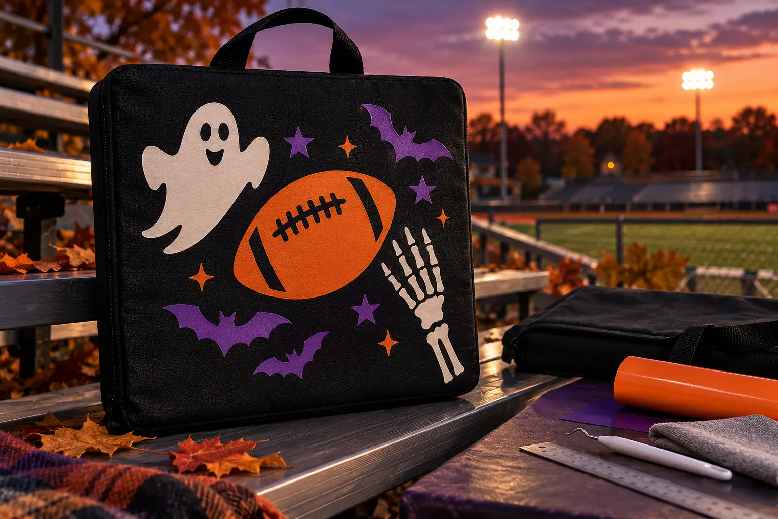 Finished black canvas stadium seat cushion cover decorated with an orange football, white ghost and skeleton hand, purple bats, and stars on autumn bleachers beside heat-transfer-vinyl craft tools