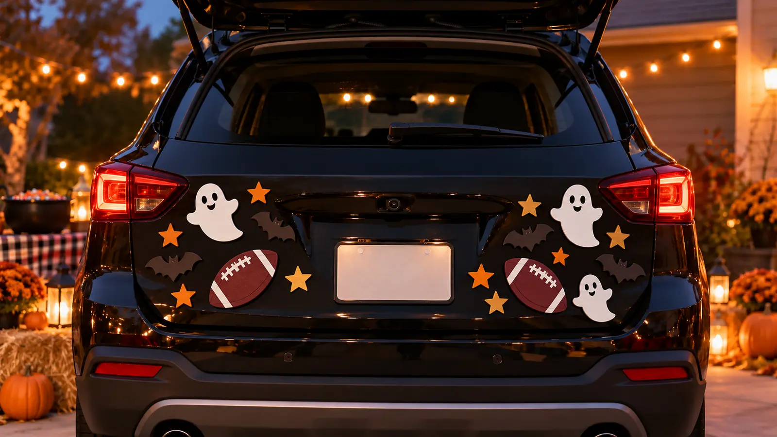 Parked black SUV at dusk decorated with colorful ghost, bat, star, football, and monster-eye magnets on the smooth painted metal hatch while the rear window, lights, plate, camera, and sensors remain clear