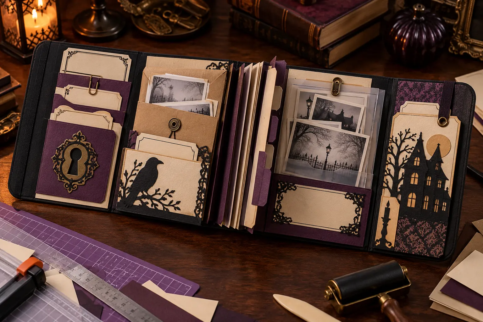 Open black bookcloth Victorian mystery case-file folio with plum accordion pockets, kraft clue envelopes, acetate photo sleeves, cream dividers, and layered keyhole, raven, candle, and haunted-house decorations on a dark craft table