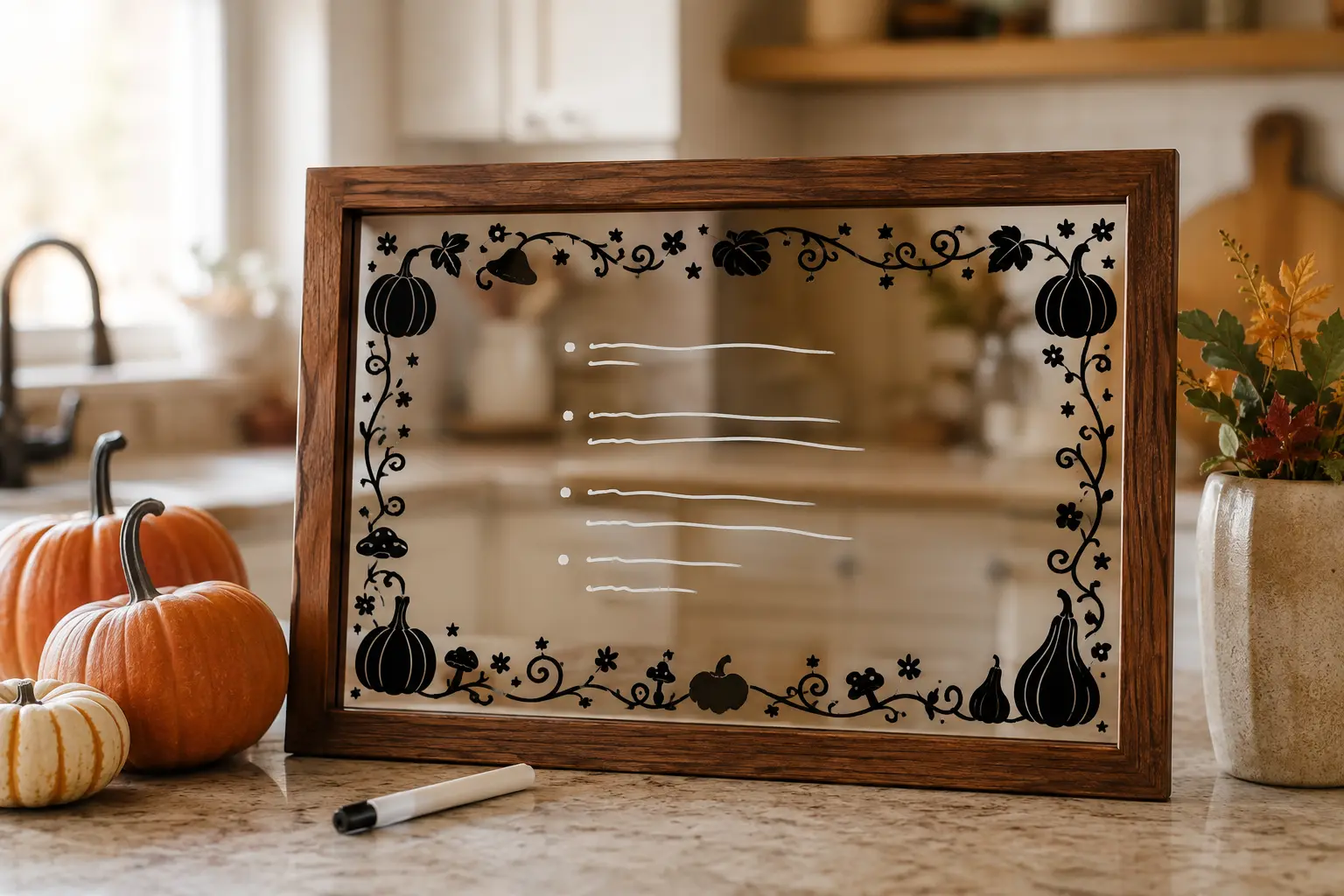 Finished framed glass harvest menu board with a black whimsical pumpkin and mushroom vinyl border in a warm autumn kitchen