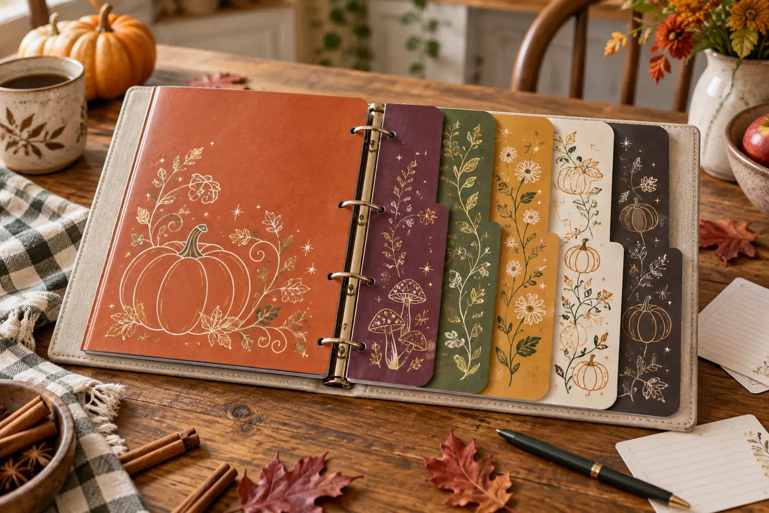Open cream recipe binder with six laminated autumn tab dividers in burnt orange, plum, moss, mustard, cream, and charcoal, decorated with pumpkins, mushrooms, flowers, vines, and stars on a wooden kitchen table
