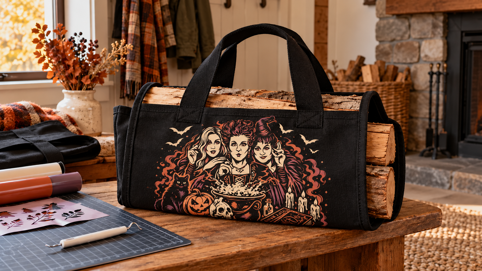 Finished black canvas firewood carrier decorated with the featured KleanKutChaos witch-trio and cauldron design