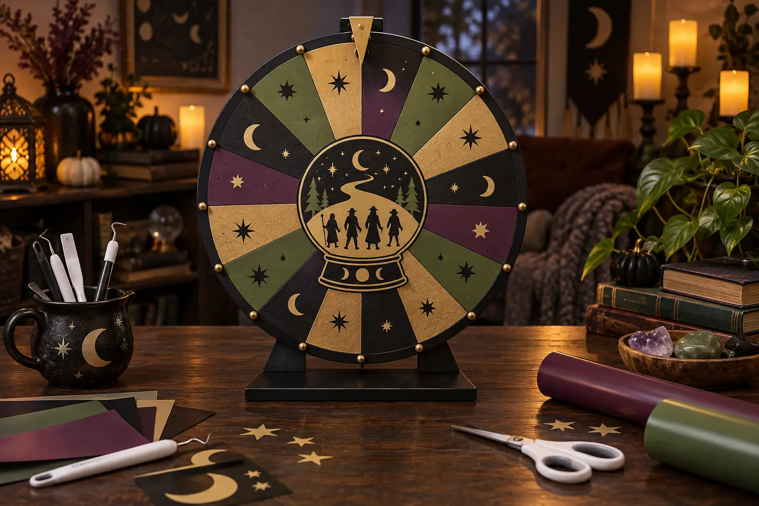 Finished tabletop Halloween prize wheel with black, plum, moss, and antique-gold vinyl wedges, celestial symbols, and a crystal-ball centerpiece on a dark craft table
