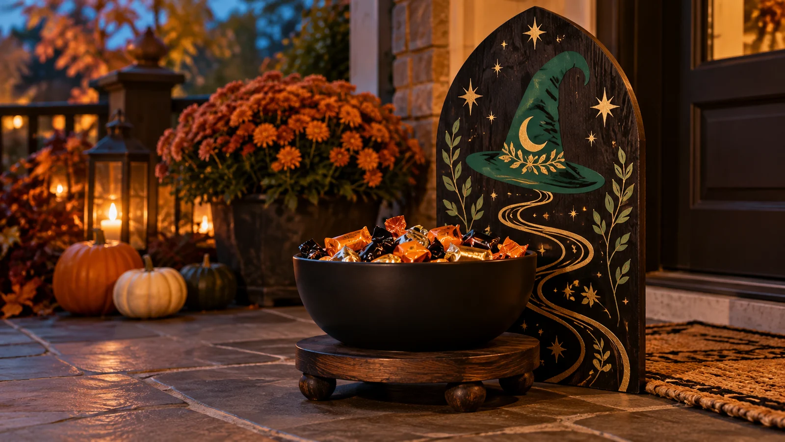 Black pedestal candy bowl filled with wrapped treats in front of an emerald-and-gold witchy vinyl backboard on a warmly lit Halloween porch