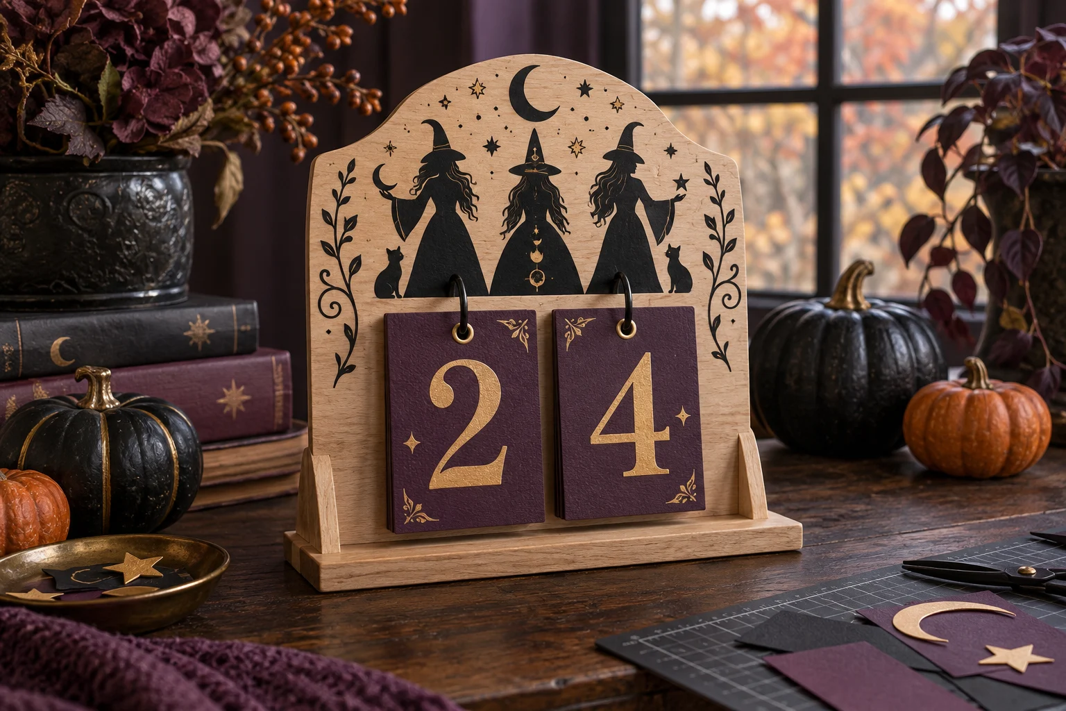 Finished wood Halloween countdown flip calendar with plum number cards, gold numerals, and three original black witch silhouettes on a cozy autumn craft table