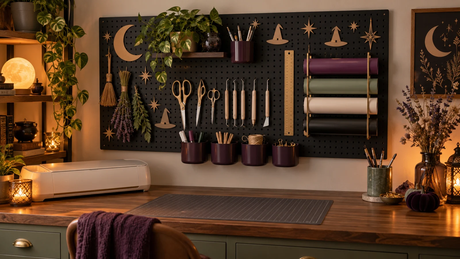 Matte black wall-mounted craft pegboard above a walnut worktable with scissors, weeding tools, removable witchy decals, plum storage cups, vinyl rolls, and warm task lighting