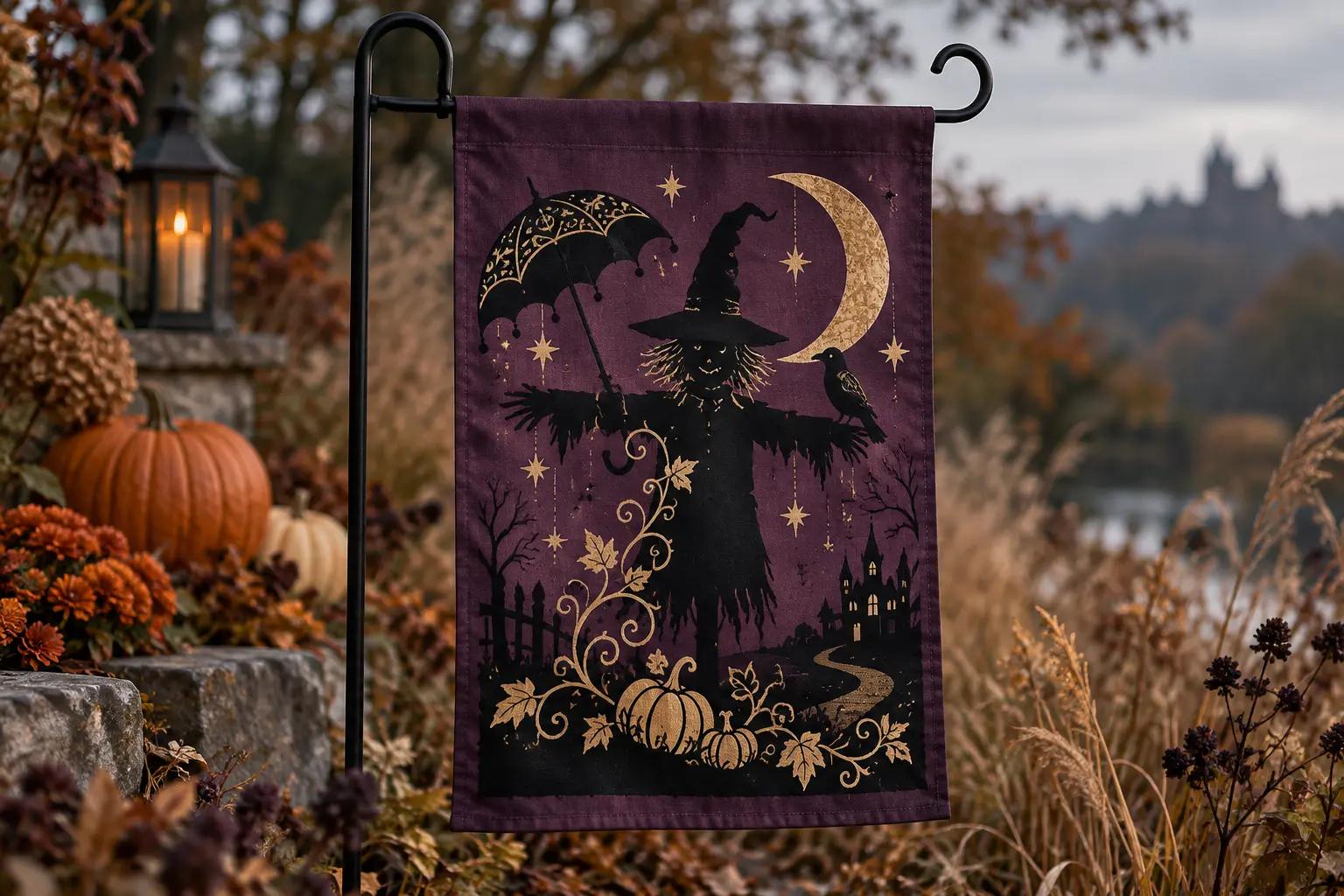Deep-plum witchy garden flag with a black top-hatted scarecrow, antique-gold moon, stars, umbrella, vines, pumpkins, raven, and distant castle hanging from a black shepherd's hook