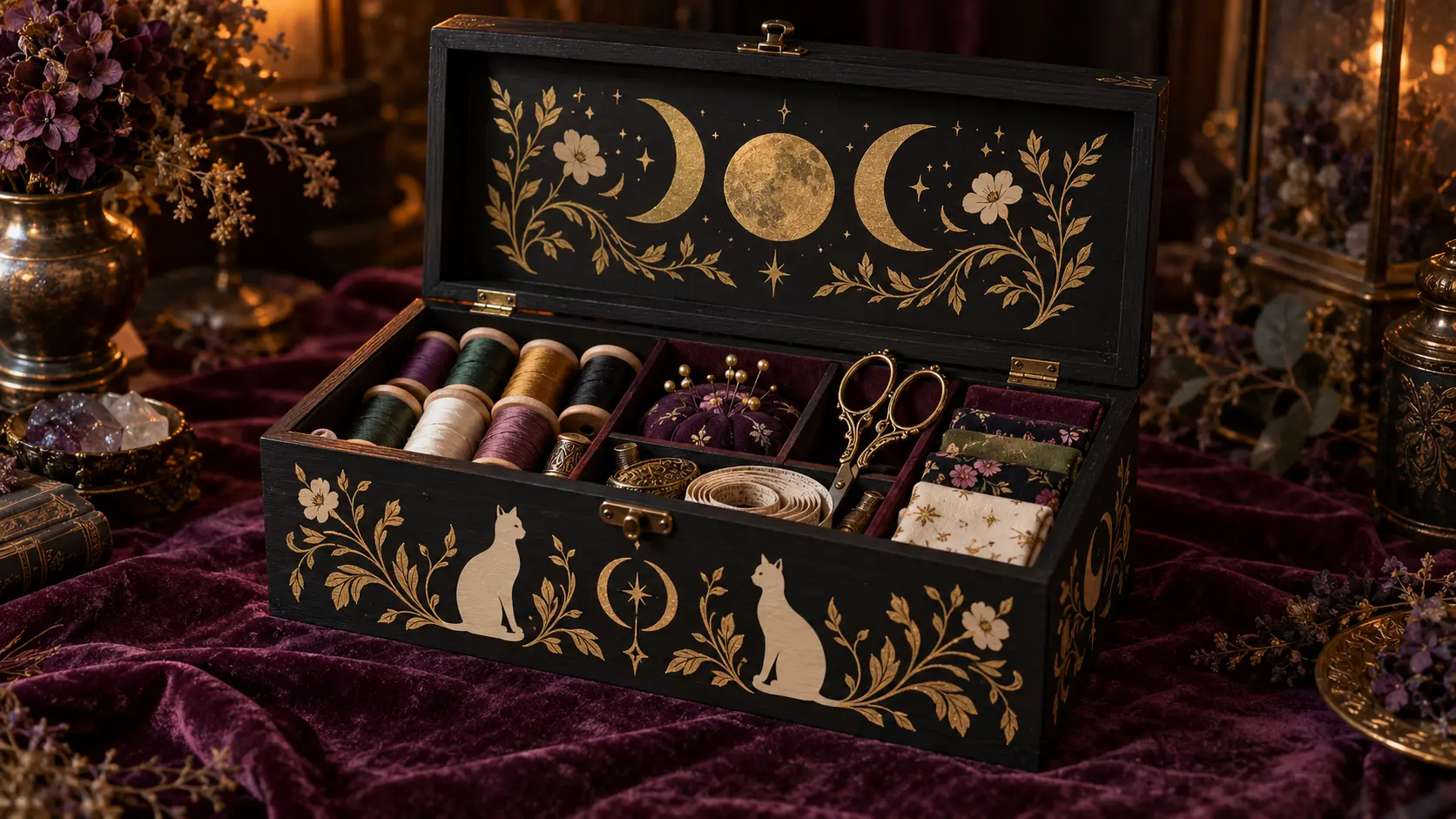 Open black wooden witchy sewing notions box decorated with cream and antique-gold vinyl silhouettes, crescent details, and flowers, with thread, scissors, measuring tape, pins, and fabric arranged inside
