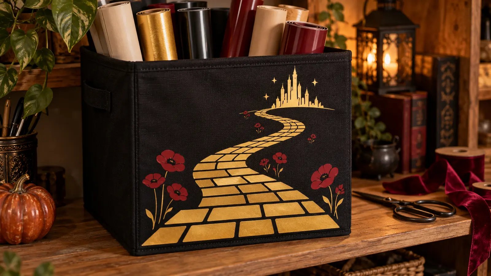 Black canvas storage cube with cream, muted-gold, and deep-red witchy road heat-transfer artwork on a warm craft-room shelf