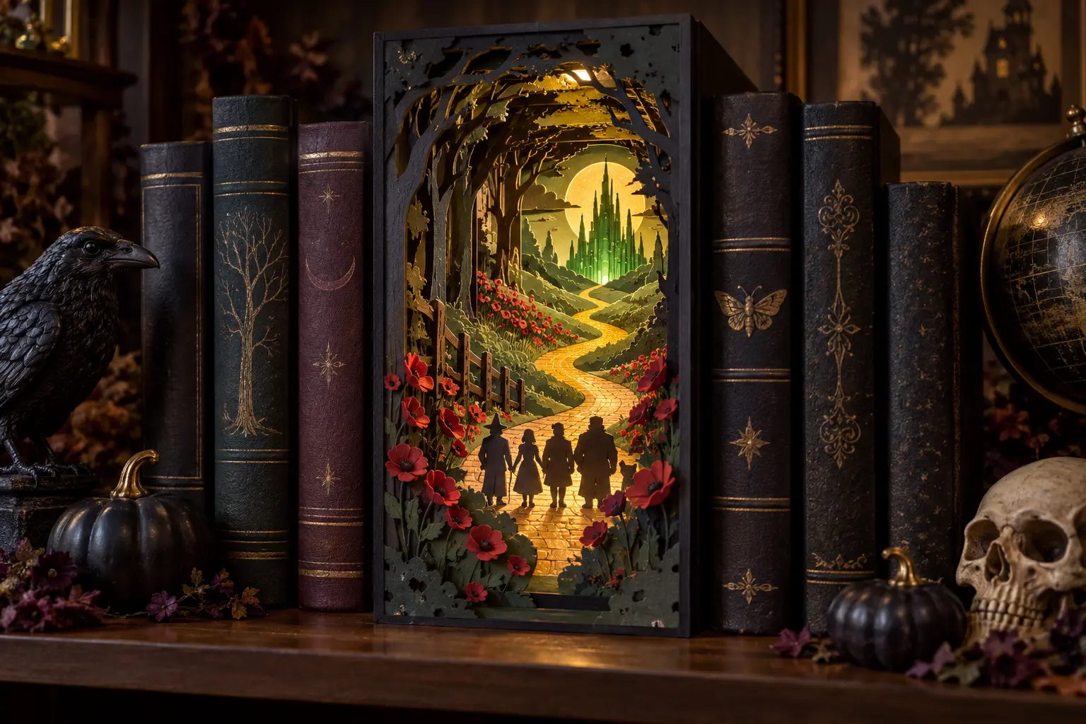 Finished layered-cardstock book nook with a glowing gold road, green fantasy city, red paper flowers, and four traveler silhouettes between dark books