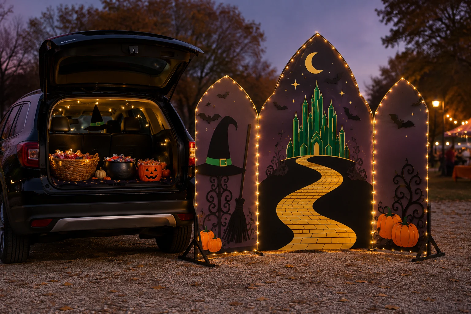 Finished witchy trunk-or-treat display with freestanding black corrugated-plastic panels, an emerald fantasy skyline, a gold brick road, witch hats, bats, pumpkins, and battery lights beside a parked SUV