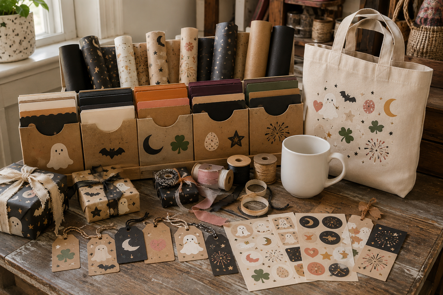 Finished year-round spooky gift-wrapping station with organized seasonal cardstock, wrapped boxes, handmade tags, stickers, ribbons, a mug, and tote